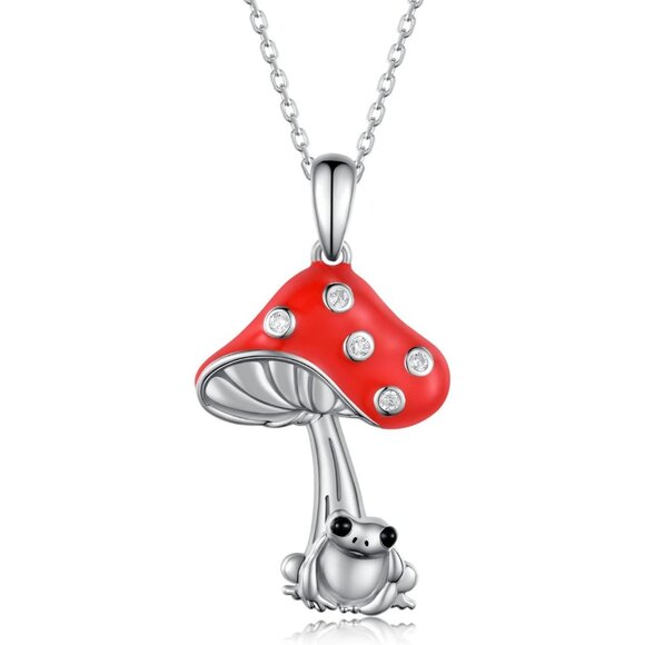 Women's Red Silver Simple Cute Frog Mushroom Charm Gift Pendant Necklace - Picture 1 of 5